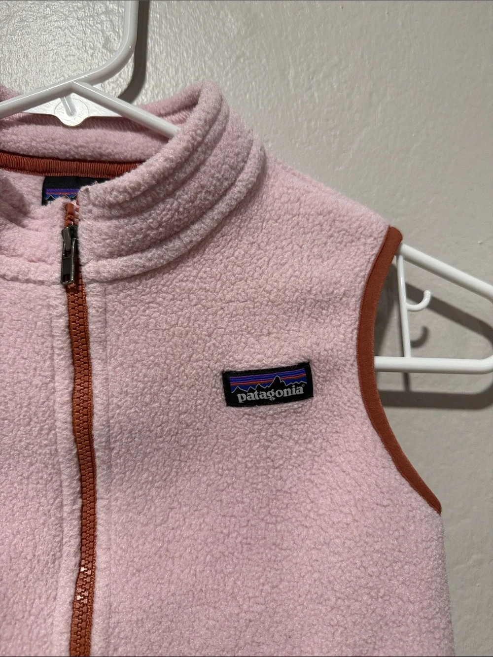 Patagonia Pink Fleece Vest with Rust Trim